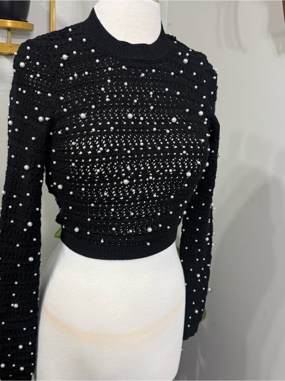 Zara Black Pearl Embellished Open Knit Crochet Sweater Long Sleeve